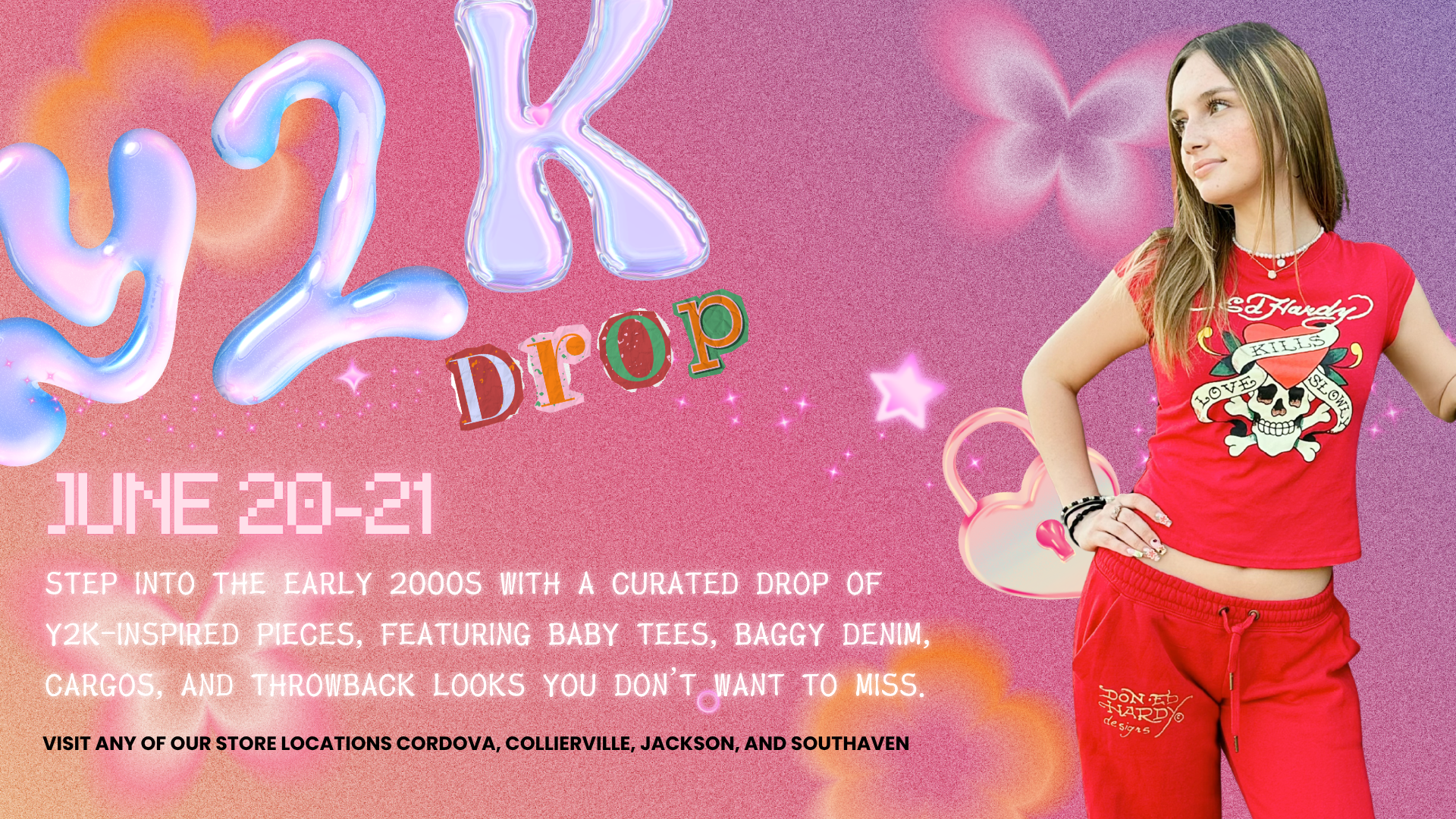 Y2K-inspired clothing display featuring baby tees, baggy denim, cargo pants, and early 2000s fashion trends available during Plato's Closet Y2K Drop event.